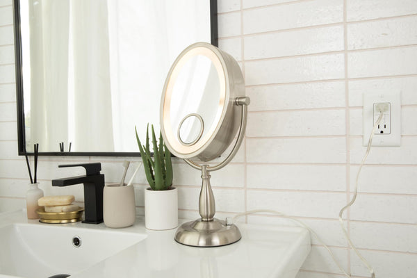 Oval LED Lighted Makeup Mirror with 10X, 1X & 15X Magnification – Nickel Finish