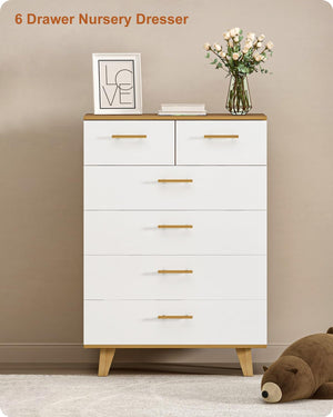 6-Drawer Dresser with Solid Pine Core – White & Light Wood