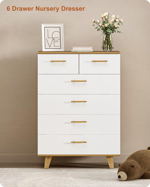 6-Drawer Dresser with Solid Pine Core – White & Light Wood