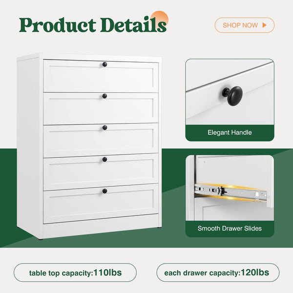 5-Drawer Metal Dresser – White Steel Chest of Drawers