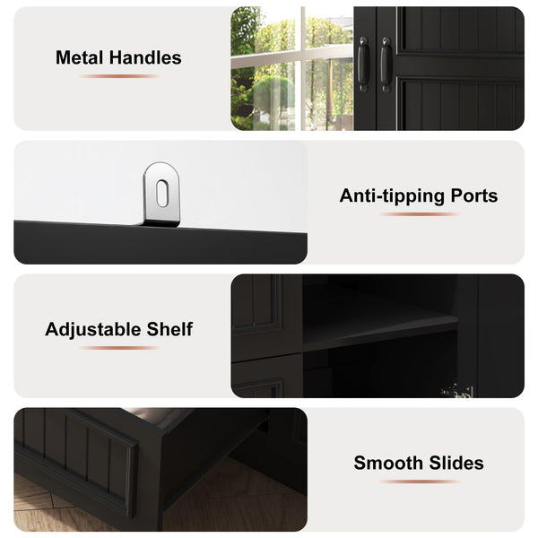 3-Door Wardrobe Armoire with Mirrors, LED Lights & 2 Drawers – Black