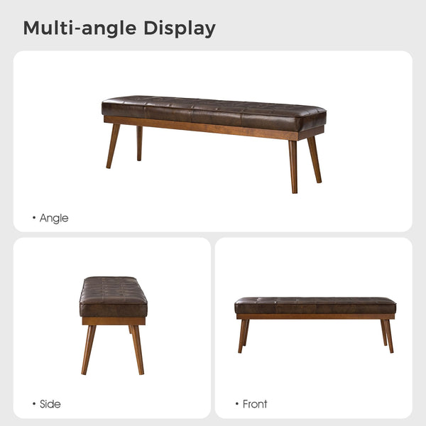 55.5" Genuine Leather Tufted Bench with Solid Wood Legs