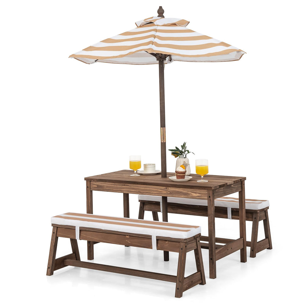 Kids Outdoor Wooden Picnic Table & Bench Set with Umbrella