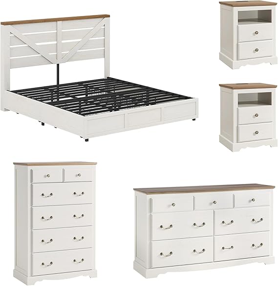 5-Piece Farmhouse Bedroom Set with Storage Bed, Dressers & Nightstands