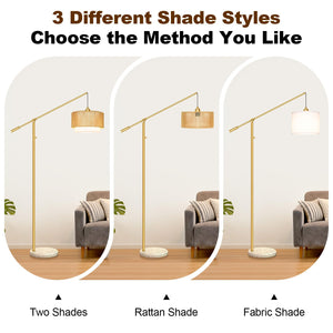 Boho Dimmable Arc Floor Lamp with Rattan & Fabric Shades