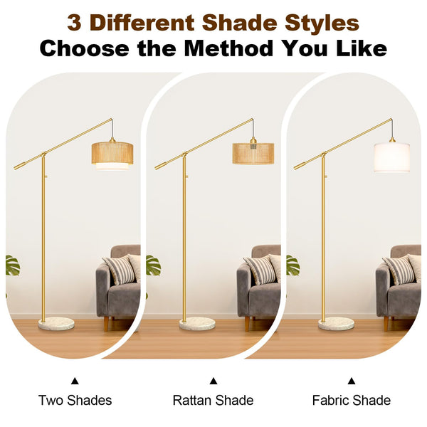 Boho Dimmable Arc Floor Lamp with Rattan & Fabric Shades