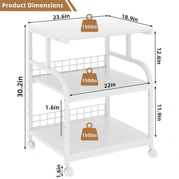 3-Tier Rolling Printer Stand with Storage Shelves