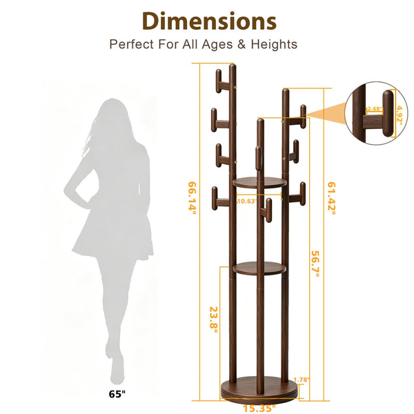 Rotary Wood Coat Rack with Shelves & Hooks