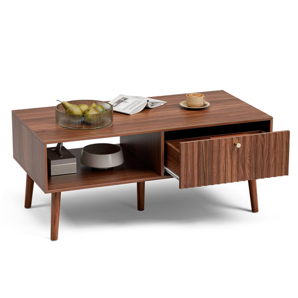 Fluted Door Coffee Table with Storage & Solid Wood Legs
