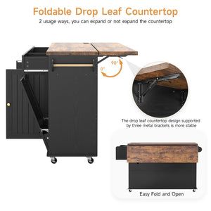 60" Kitchen Island Cart with Power Outlet & Drop Leaf