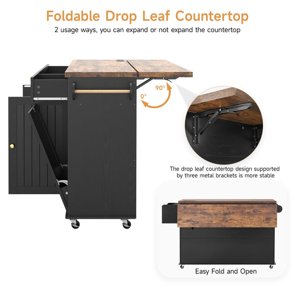 60" Kitchen Island Cart with Power Outlet & Drop Leaf