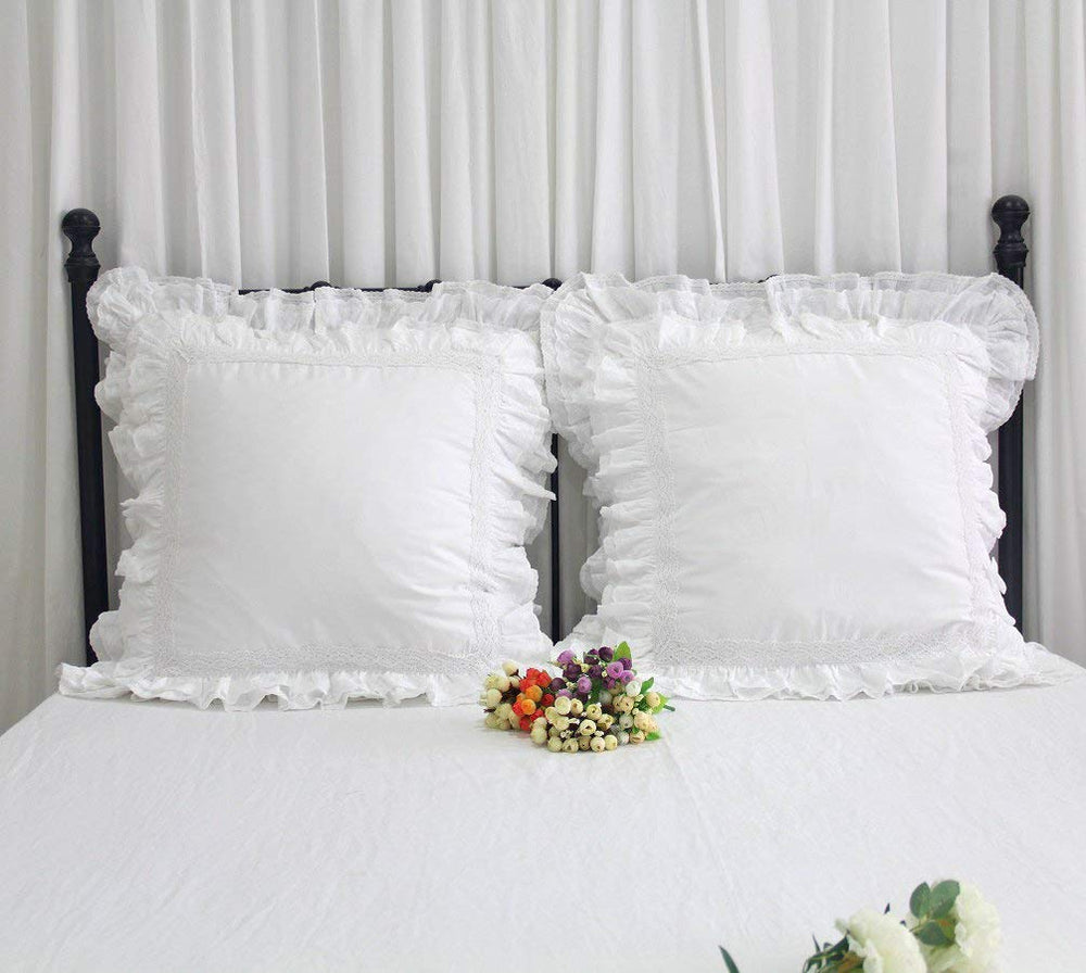 Euro Pillow Shams 26x26 – White Lace & Ruffle Cotton Covers