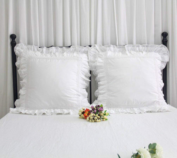 Euro Pillow Shams 26x26 – White Lace & Ruffle Cotton Covers