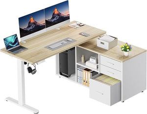 L-Shaped Electric Standing Desk with Drawers & File Cabinet