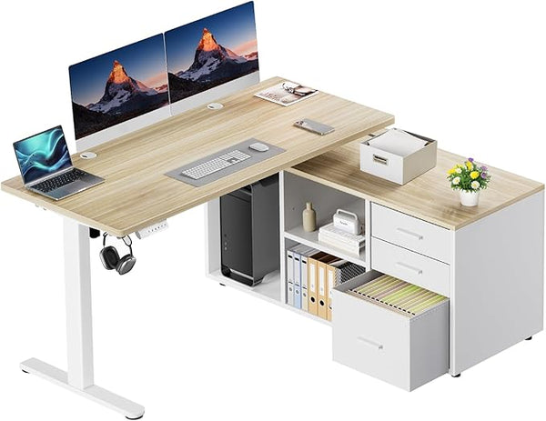 L-Shaped Electric Standing Desk with Drawers & File Cabinet