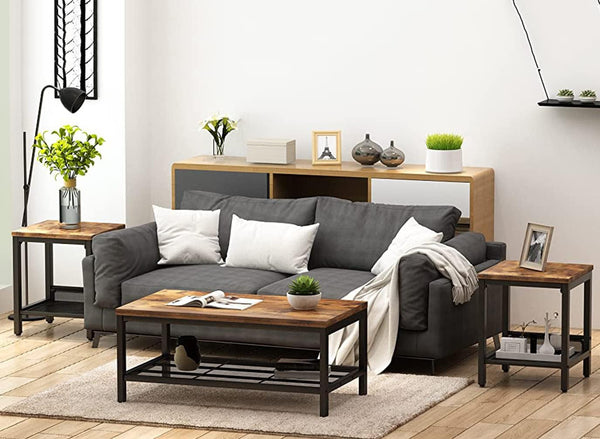 3-Piece Industrial Coffee Table Set with 2 End Tables