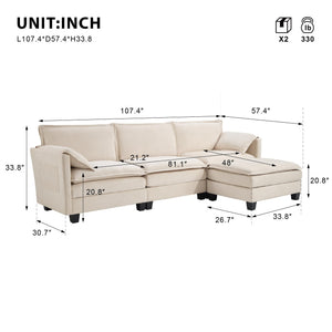 L-Shaped Modular Sectional Sofa with Reversible Ottoman