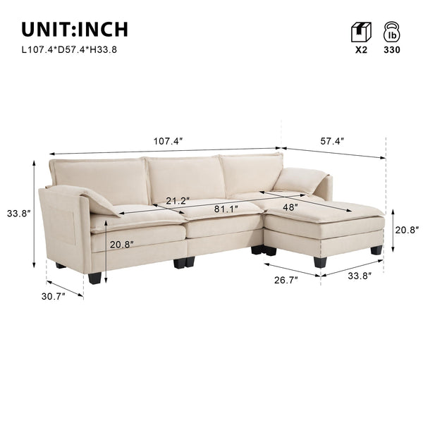 L-Shaped Modular Sectional Sofa with Reversible Ottoman
