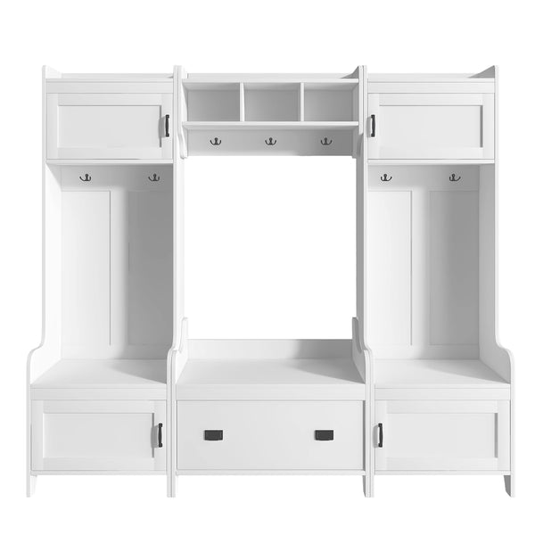 White Entryway Hall Tree with Bench & Shoe Storage