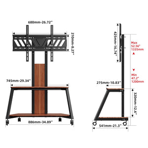 Heavy Duty Mobile TV Stand Rolling TV Cart with Wheels for 32-85 Inch Flat/Curved Led/LCD/OLED Portable Floor TV Stand with Wooden Shelves, Height Adjustable Holds up to 220lbs,Max VESA 600 x400mm