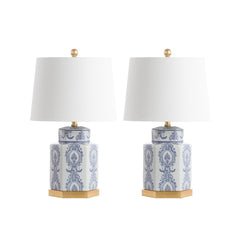 Blue & White Ceramic Table Lamps Set of 2 with Gold Leaf Accents