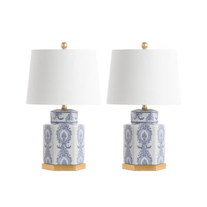 Blue & White Ceramic Table Lamps Set of 2 with Gold Leaf Accents