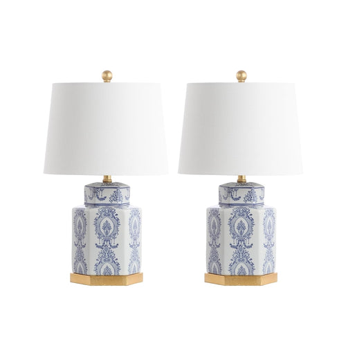 Blue & White Ceramic Table Lamps Set of 2 with Gold Leaf Accents