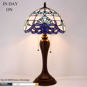 Tiffany Style Stained Glass Table Lamp – White Navy Blue Baroque