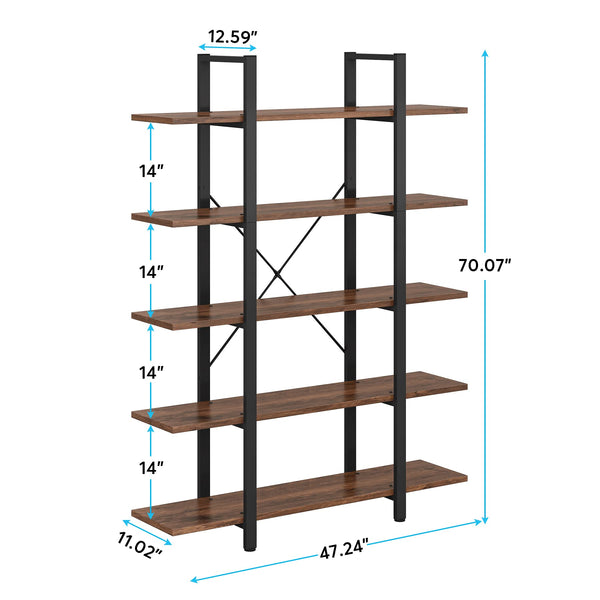 5-Tier Industrial Bookshelf 72" Tall – Metal Frame & Wood Shelves