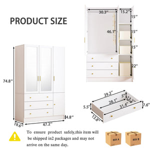 3-Door Armoire Wardrobe with LED Lights, Mirror & Drawers