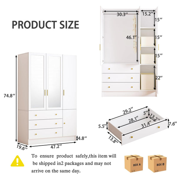 3-Door Armoire Wardrobe with LED Lights, Mirror & Drawers