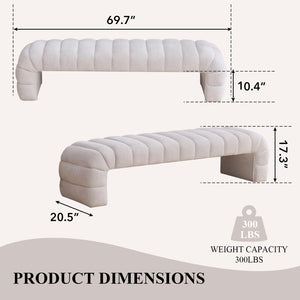 NIOIIKIT 69.7" Ottoman Bench, Teddy Upholstered Queen Size End of Bed Bench, Channel Tufted Entryway Bench with Cushion, Long Bedroom Bench, Window Bench Seat for Entryway, Living Room (Ivory)