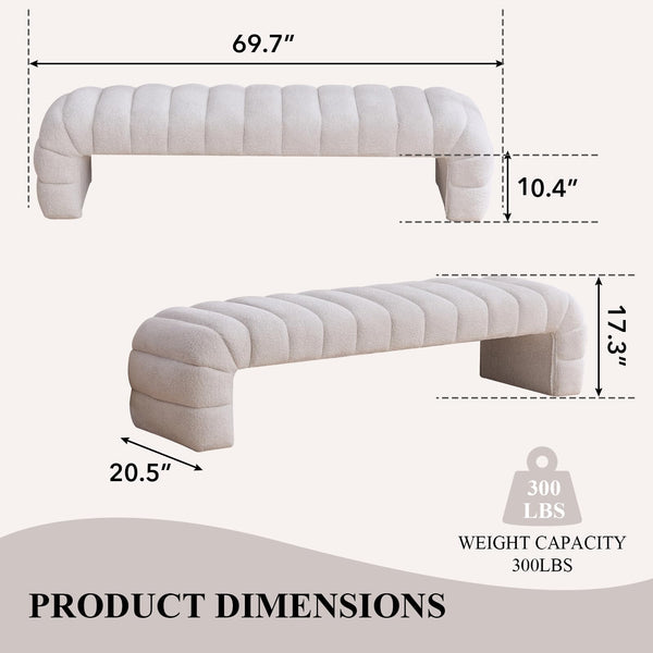 NIOIIKIT 69.7" Ottoman Bench, Teddy Upholstered Queen Size End of Bed Bench, Channel Tufted Entryway Bench with Cushion, Long Bedroom Bench, Window Bench Seat for Entryway, Living Room (Ivory)