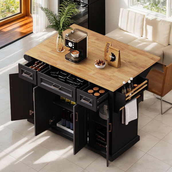 54" Rolling Kitchen Island with Drop Leaf & Storage Drawers