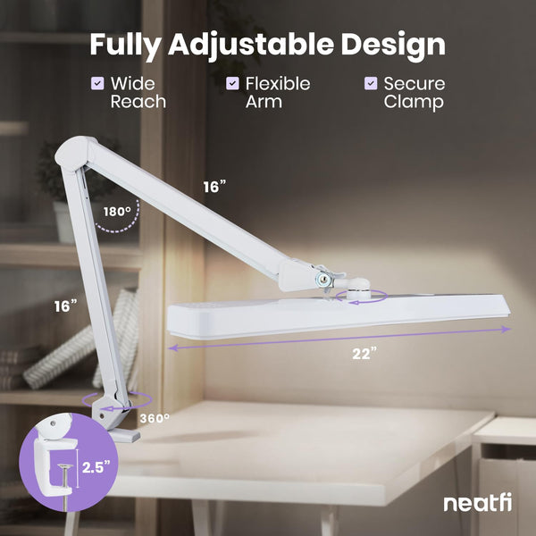 30W LED Desk Lamp with Clamp — 2,500 Lumens, 22" Wide Shade