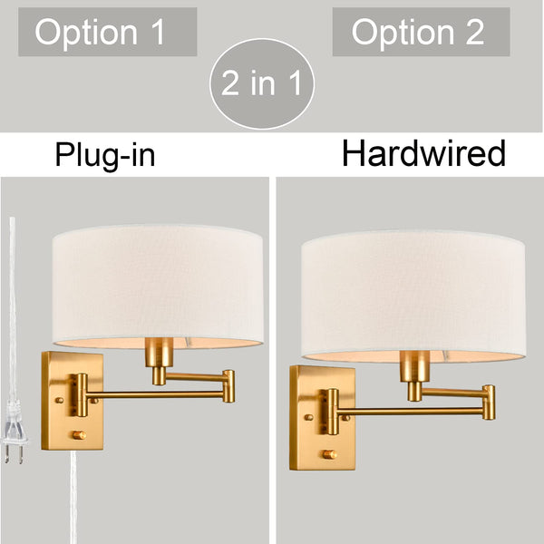 Gold Plug-In Swing Arm Wall Sconces Set of 2