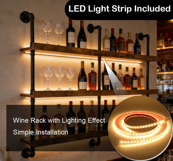 55" Wall Mounted Wine Rack with LED Lights – 3-Tier Industrial Floating Shelf