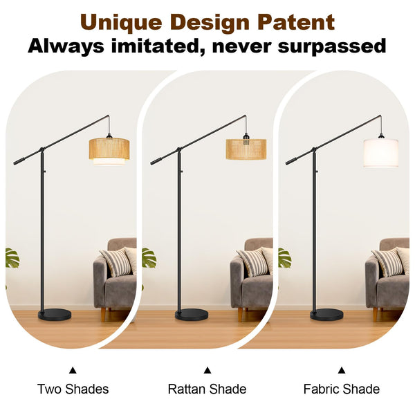 Dimmable Boho Floor Lamp with Rattan & Fabric Shades