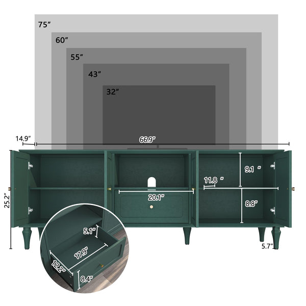 ARTPOWER 67'' Mid-Century Modern TV Stand with Storage Drawer and Doors, Long TV Stand with Adjustable Shelves for 75 Inch TV for Living Room, Bedroom, Green
