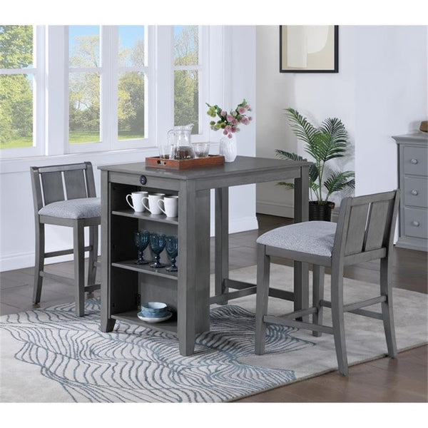3-Piece Counter Height Dining Set with USB Charging & Storage Shelves