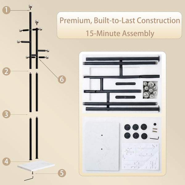 Heavy Duty Freestanding Coat Rack with Marble Base & 14 Hooks