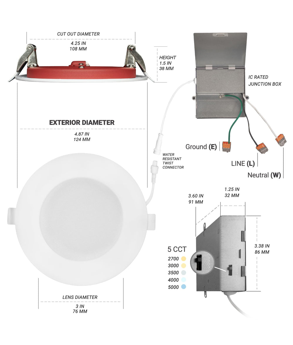 4 Inch Fire Rated LED Recessed Light – 12 Pack, 5 CCT Selectable, Dimmable, Canless Wafer Downlight