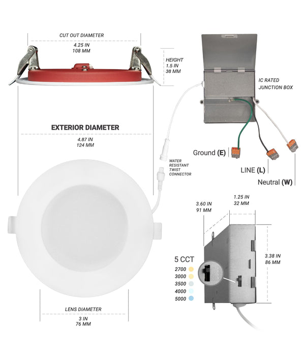 4 Inch Fire Rated LED Recessed Light – 12 Pack, 5 CCT Selectable, Dimmable, Canless Wafer Downlight