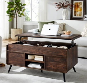 Lift Top Coffee Table with Hidden Storage & Slatted Door — Dark Walnut