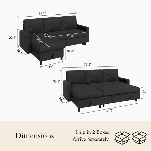 L-Shaped Sleeper Sectional Sofa with Storage Chaise