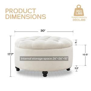 Round Storage Ottoman with Button Tufted Lid – 30 Inch Upholstered Footrest