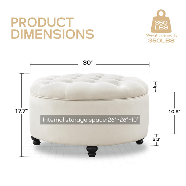 Round Storage Ottoman with Button Tufted Lid – 30 Inch Upholstered Footrest