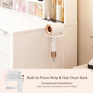 Fluted Makeup Vanity Desk with LED Mirror & Power Strip