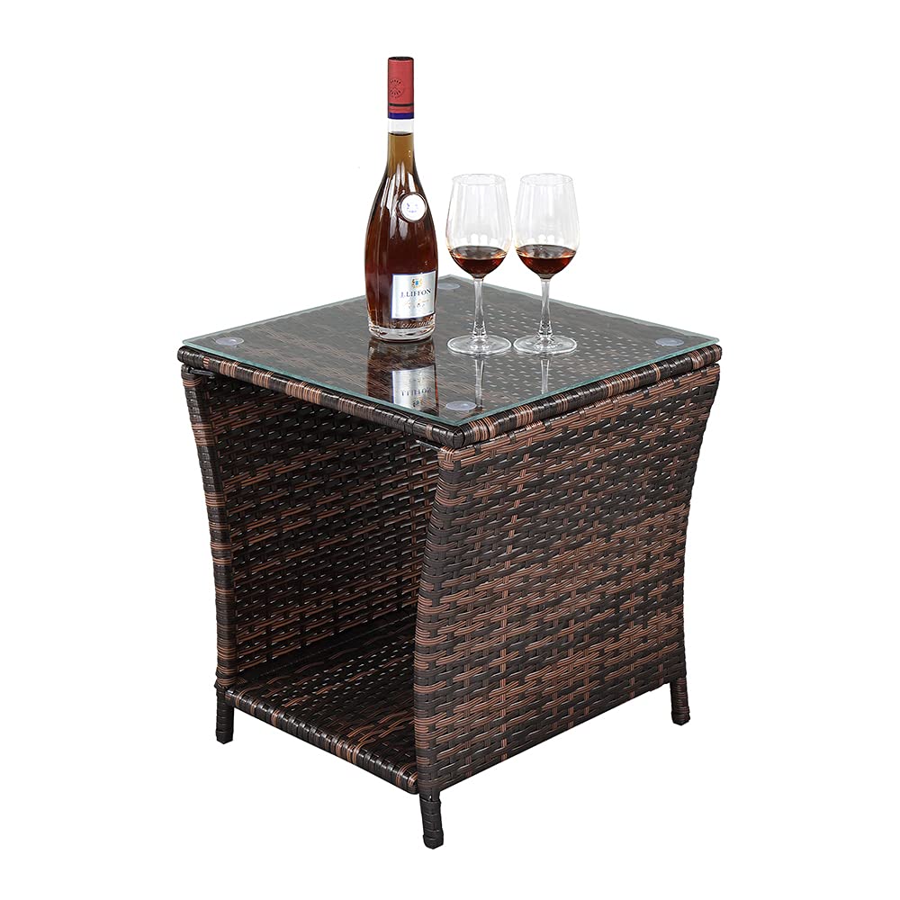 Outdoor Wicker Side Table with Glass Top