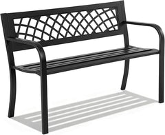 Metal Outdoor Garden Bench with Grid Pattern Backrest
